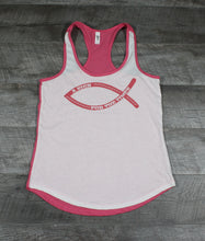 Load image into Gallery viewer, A Sign for the Times Tank Top, Fish, Christian, Color Variations Available in White/Pink and Purple/Gray