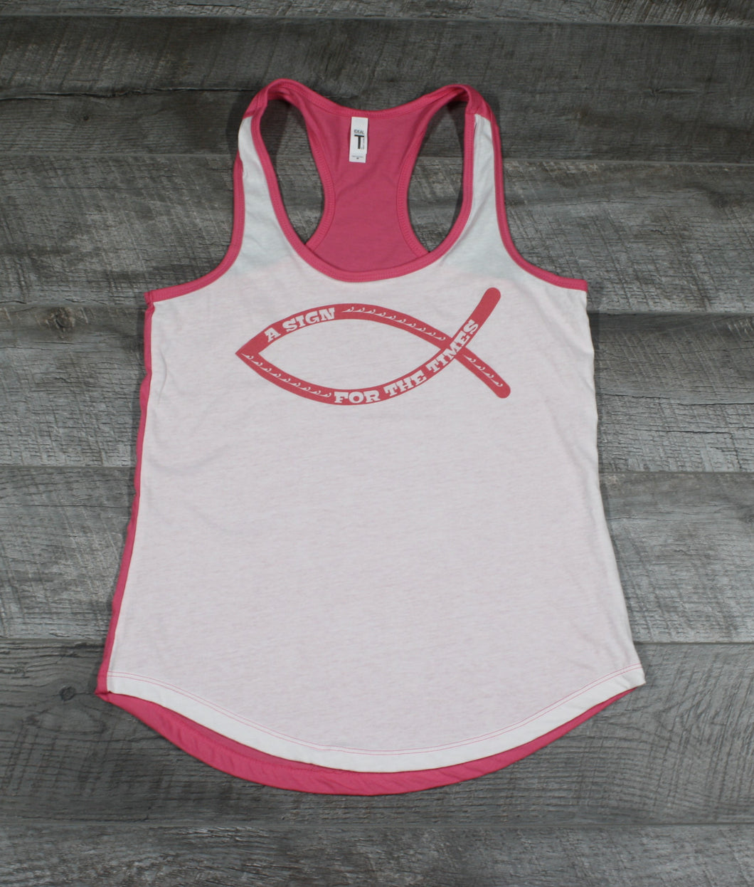 A Sign for the Times Tank Top, Fish, Christian, Color Variations Available in White/Pink and Purple/Gray