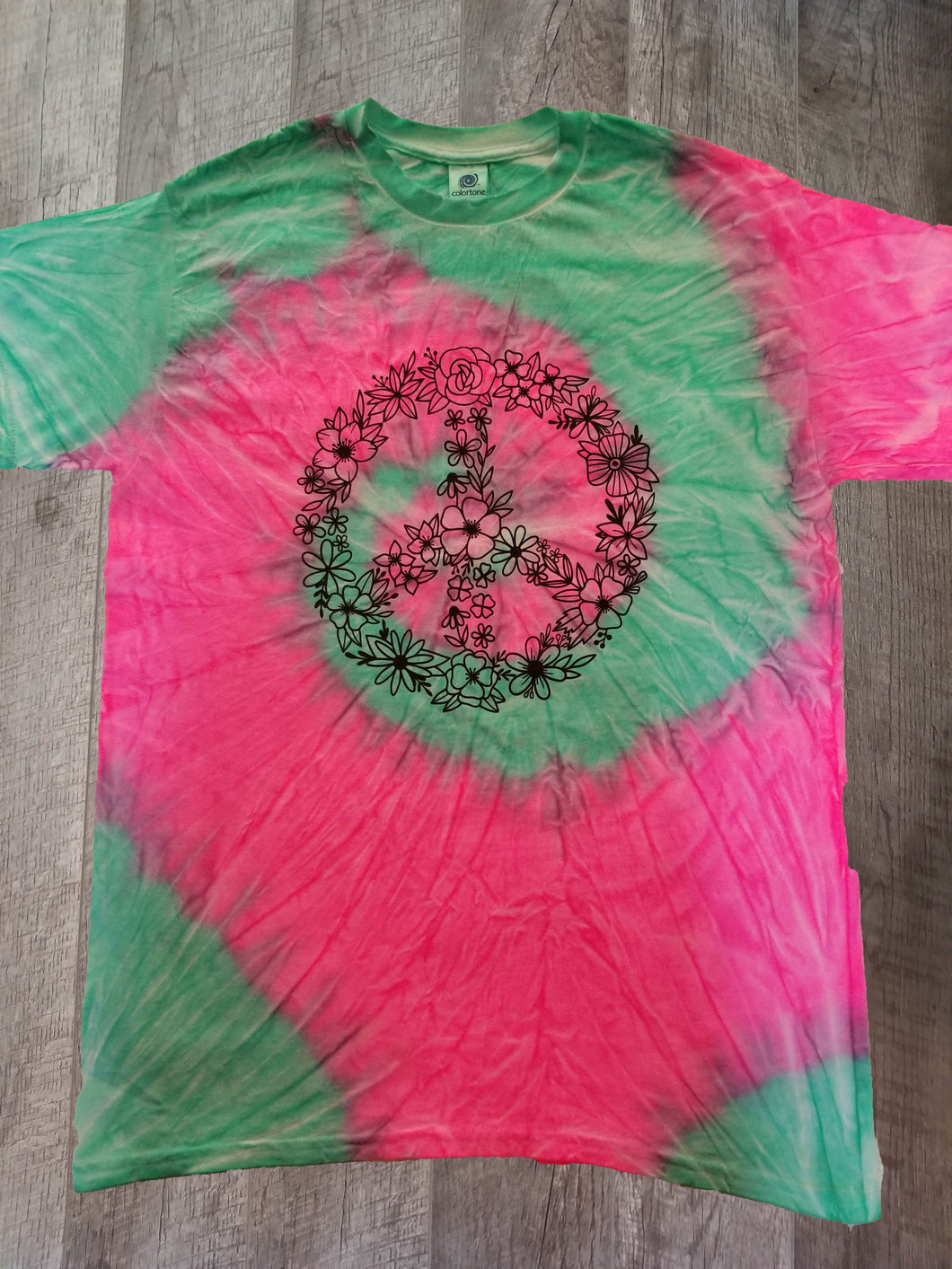 Flowery Peace Sign on Pink/Mint Tie Dye Shirt